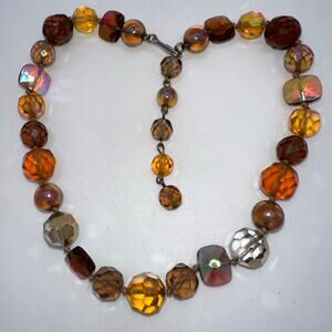 1950s vintage amber brown faceted glass aurora borealis AB beads beaded necklace